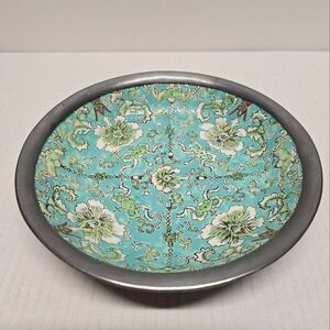 Vintage Japanese Blue Porcelain Floral Metal Ware Bowl Trinket Dish